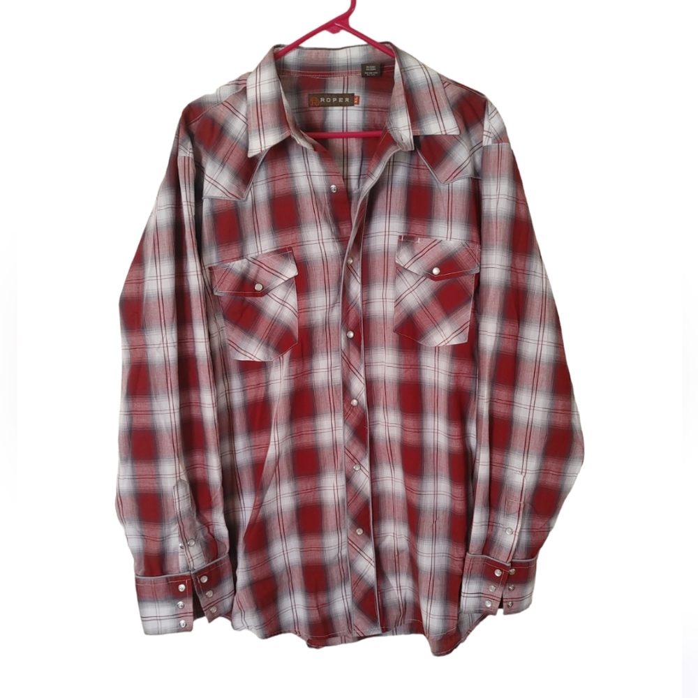 Roper Shirt Mens Extra Large XL Red Plaid Pearl Snap Western Cowboy Rodeo